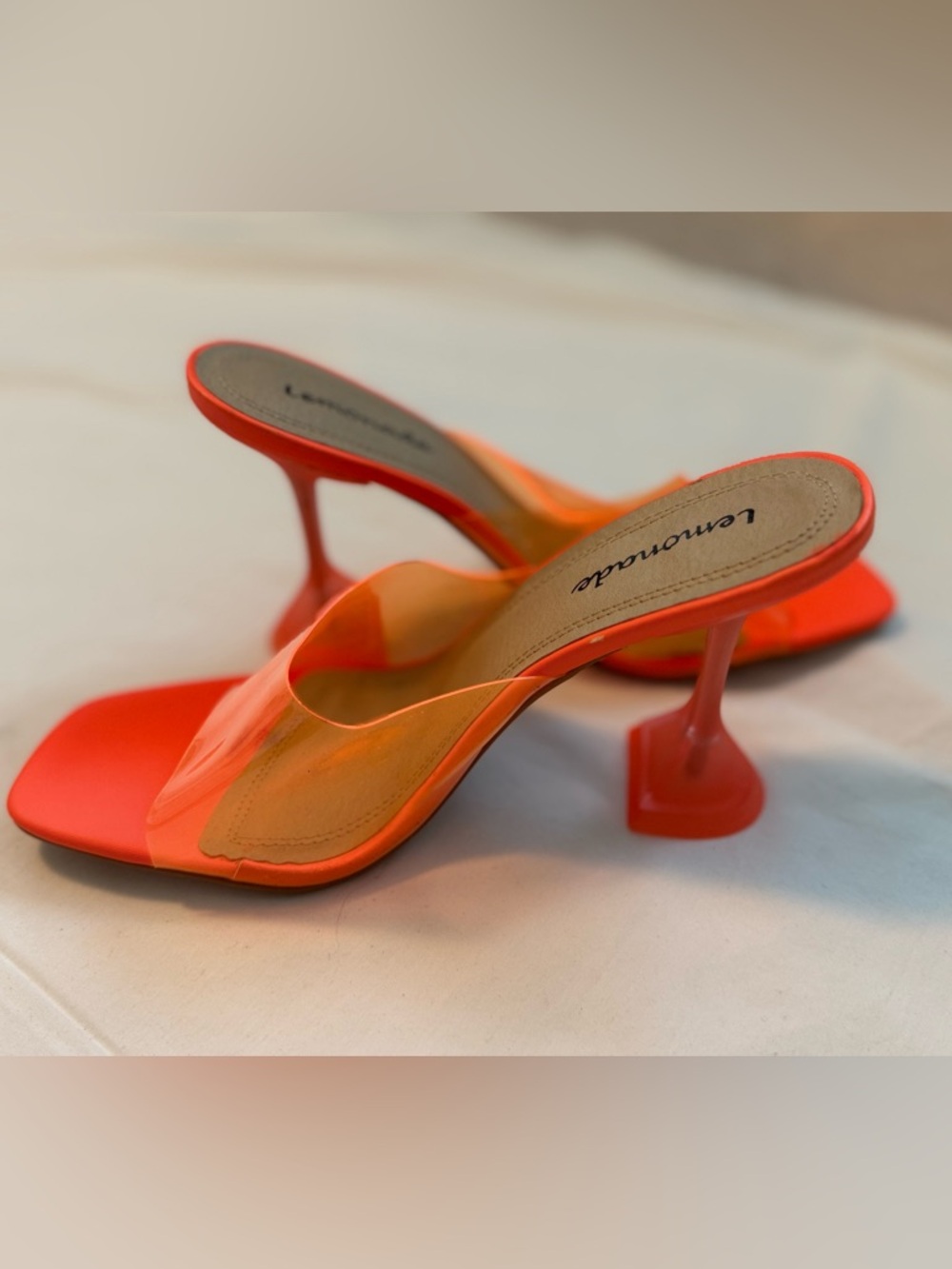Lemonade Clear Strap Heels Neon Orange Square Toe Mule Size 7.5 Trendy
